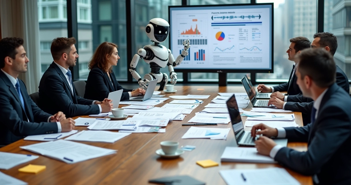 Executivos analisando contratos de fusão empresarial na mesa 