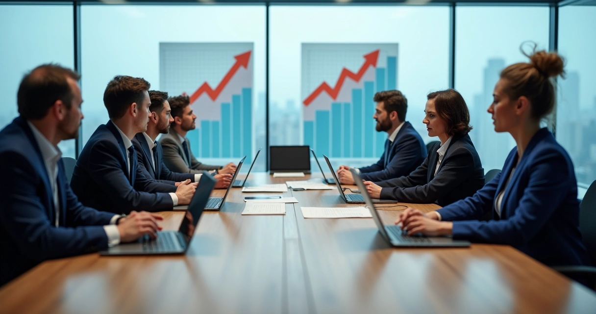 Duas equipes corporativas em lados opostos de uma mesa com tensão visível na reunião de fusão 