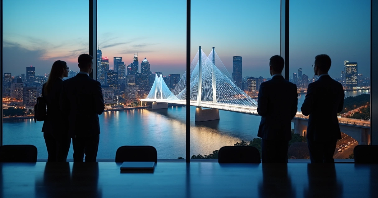 Executivos observam duas cidades corporativas se unindo por ponte luminosa 