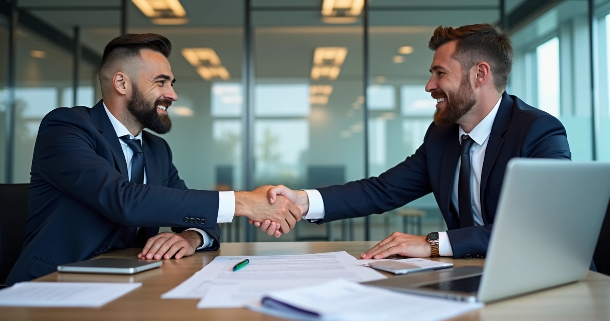 Empresários apertando as mãos após assinar contrato de fusão empresarial 