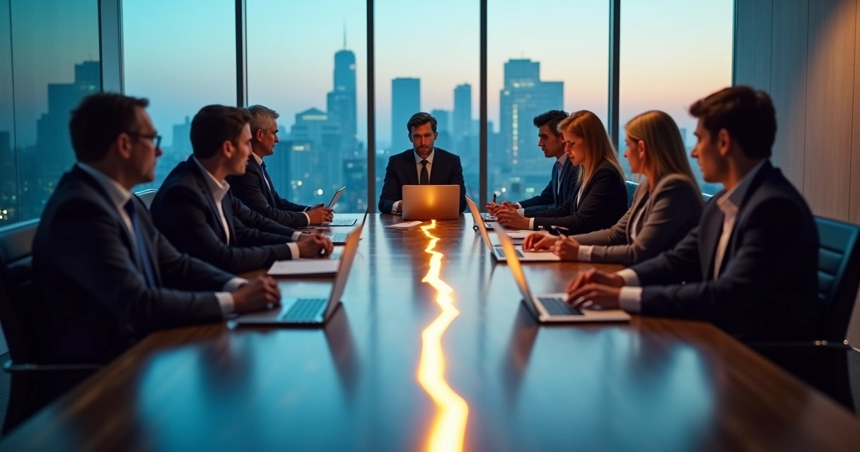 Mesa de reunião com duas equipes de executivos separados por rachadura luminosa 