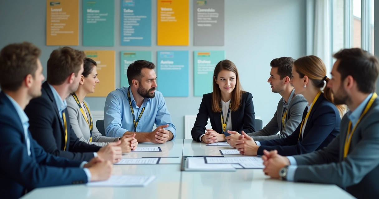 Encontro entre equipes de empresas diferentes em uma mesa de reunião, com olhares atentos, crachás distintos, quadros na parede mostrando valores organizacionais distintos 