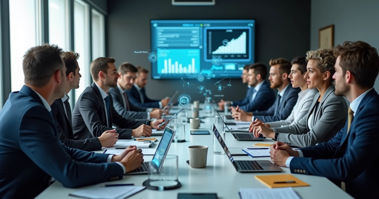 Reunião de executivos ao redor de mesa alterando documentos digitais e gráficos
