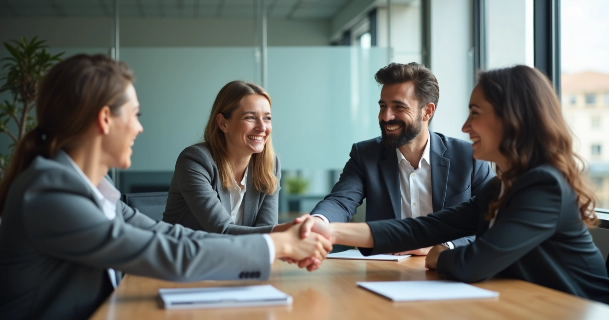 Integrantes de duas equipes diferentes se cumprimentando em um escritório moderno, em reunião de integração