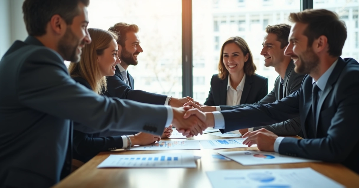 Equipe corporativa de diferentes empresas se cumprimentando após uma fusão 