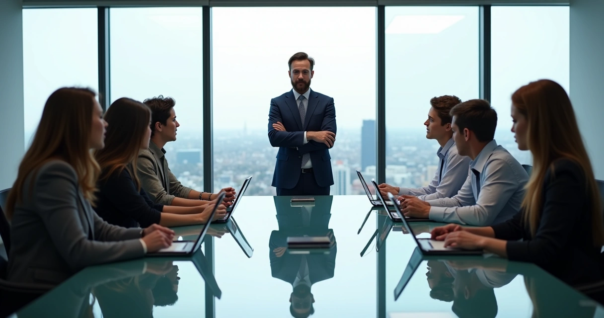 Duas equipes empresariais se encarando em sala de reunião corporativa 