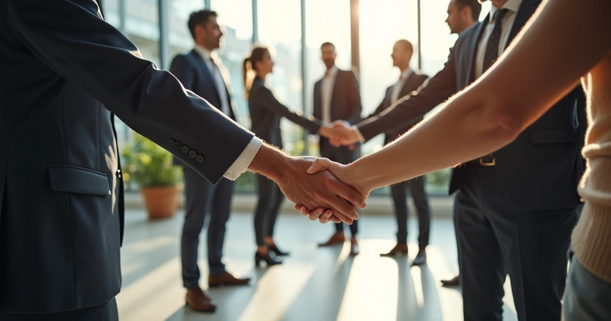 Equipes de duas empresas, em círculo, de mãos dadas após fusão 