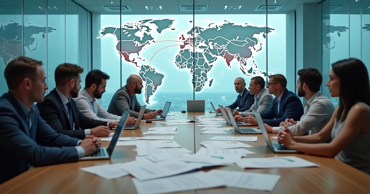 Executivos de equipes globais em sala de reunião com linhas conectando países em um mapa mundial ao fundo 