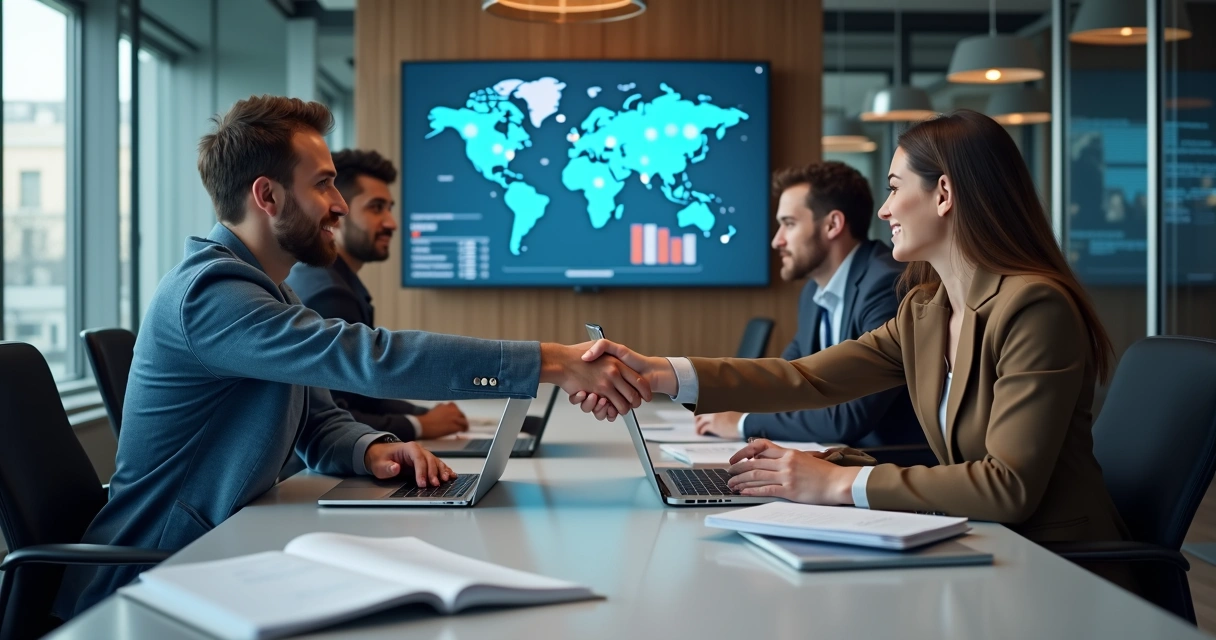 Dupla de equipes se cumprimentando após integração pós-fusão 