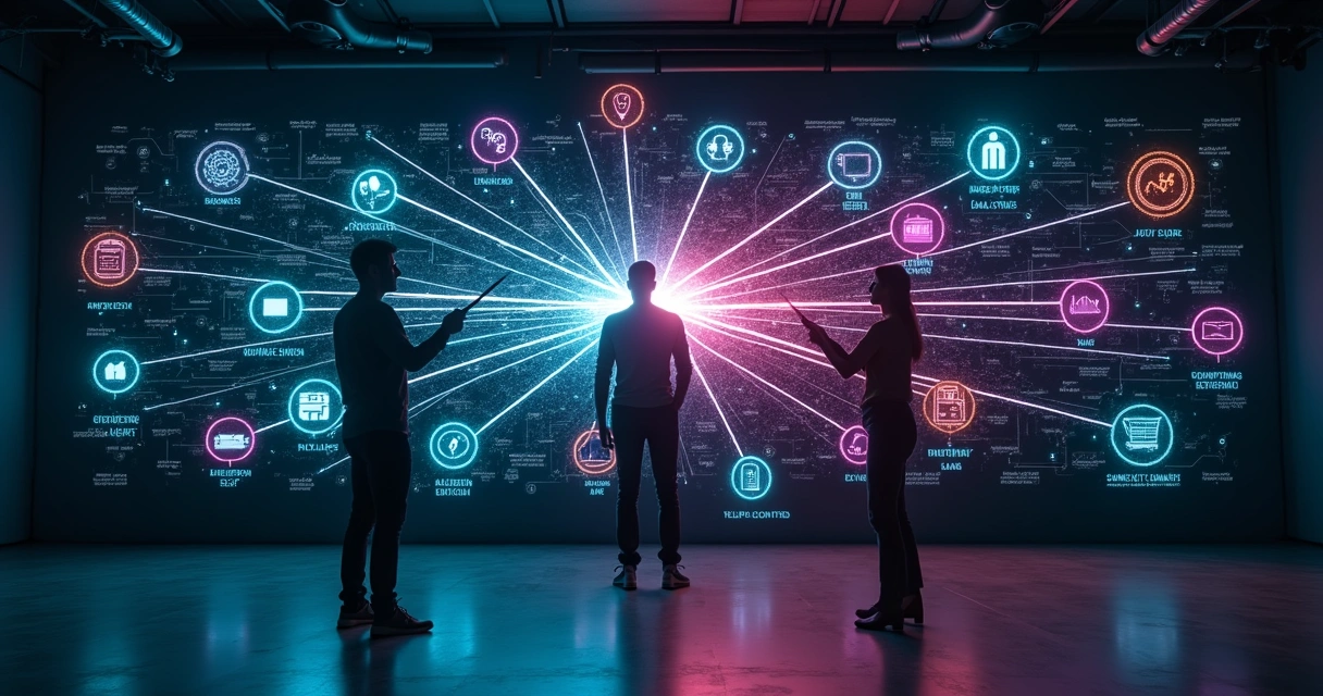Integração visual de empresas digitais por ícones luminosos em parede escura 