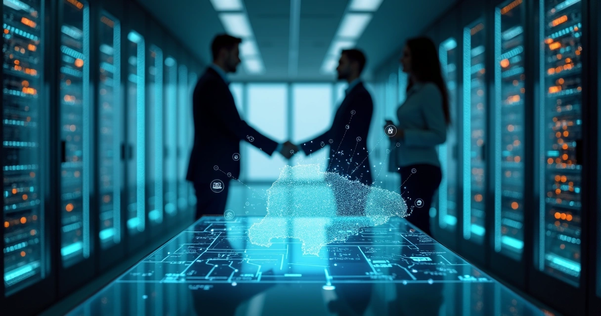 Executivos em data center firmando fusão de provedores de internet 