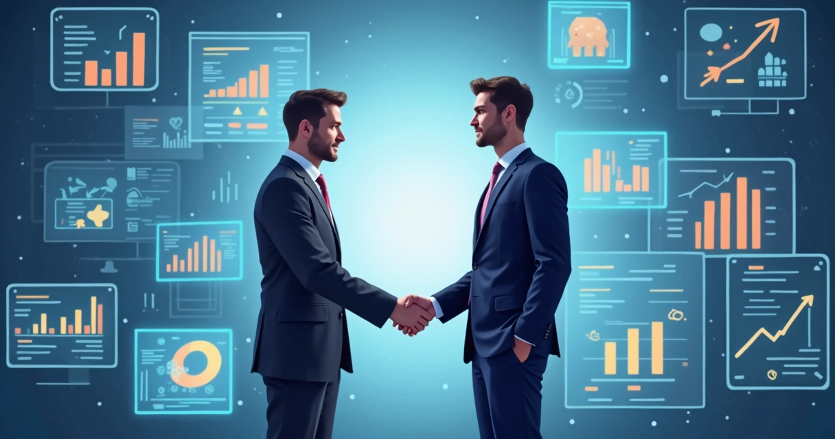 Plataformas digitais analisando documentos de duas empresas em fusão