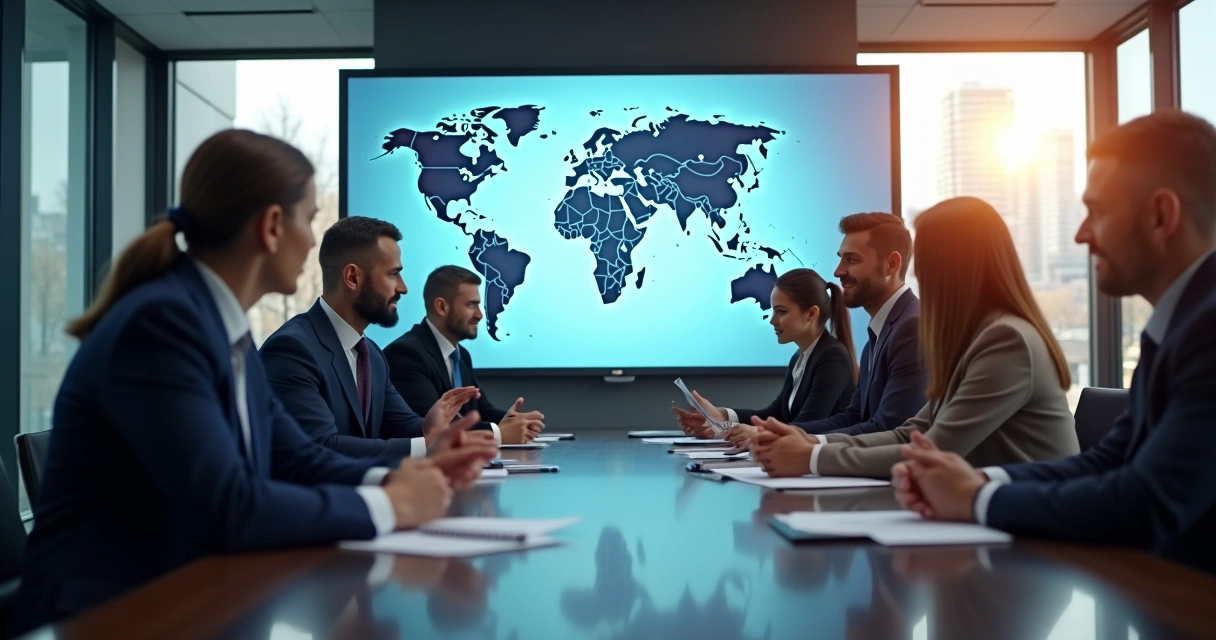 Equipes de diferentes países reunidas em uma sala de conferência 