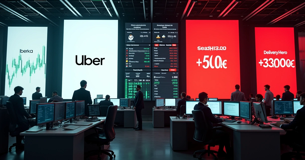 Painéis de bolsa de valores mostrando logotipos da Uber e Delivery Hero lado a lado 