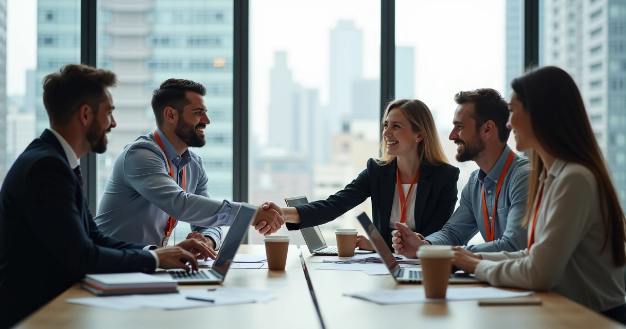Personas de dos equipos diferentes reunidas en una sala de juntas