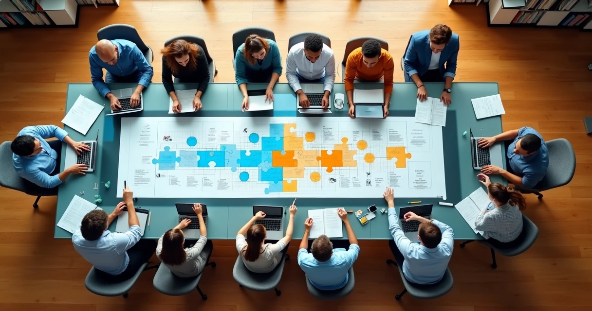Dos equipos de trabajo se reúnen en una mesa de vidrio con planos entrelazados vistos desde arriba 