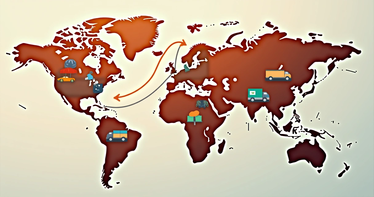 Ilustração de empresas de delivery se fundindo em um mapa mundial, mostrando integração e crescimento do setor 