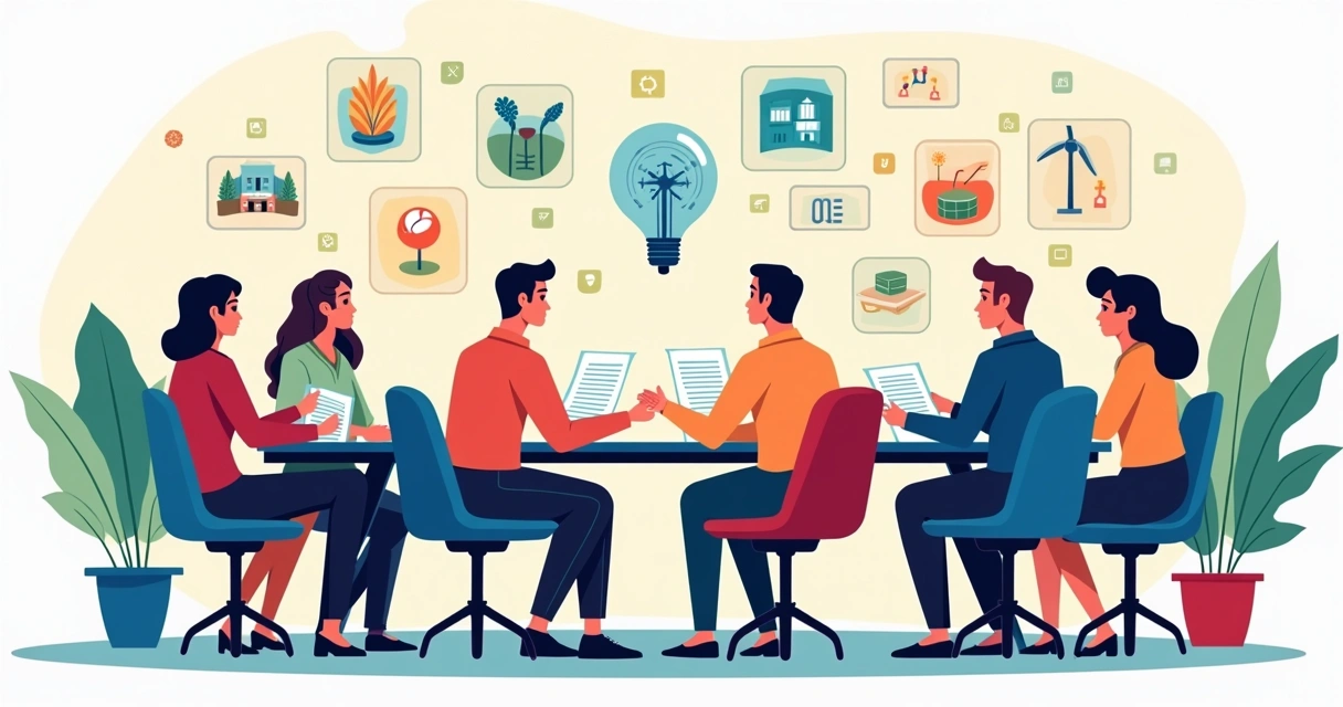 Ilustração de negócios colaborando para inovação em 2025 