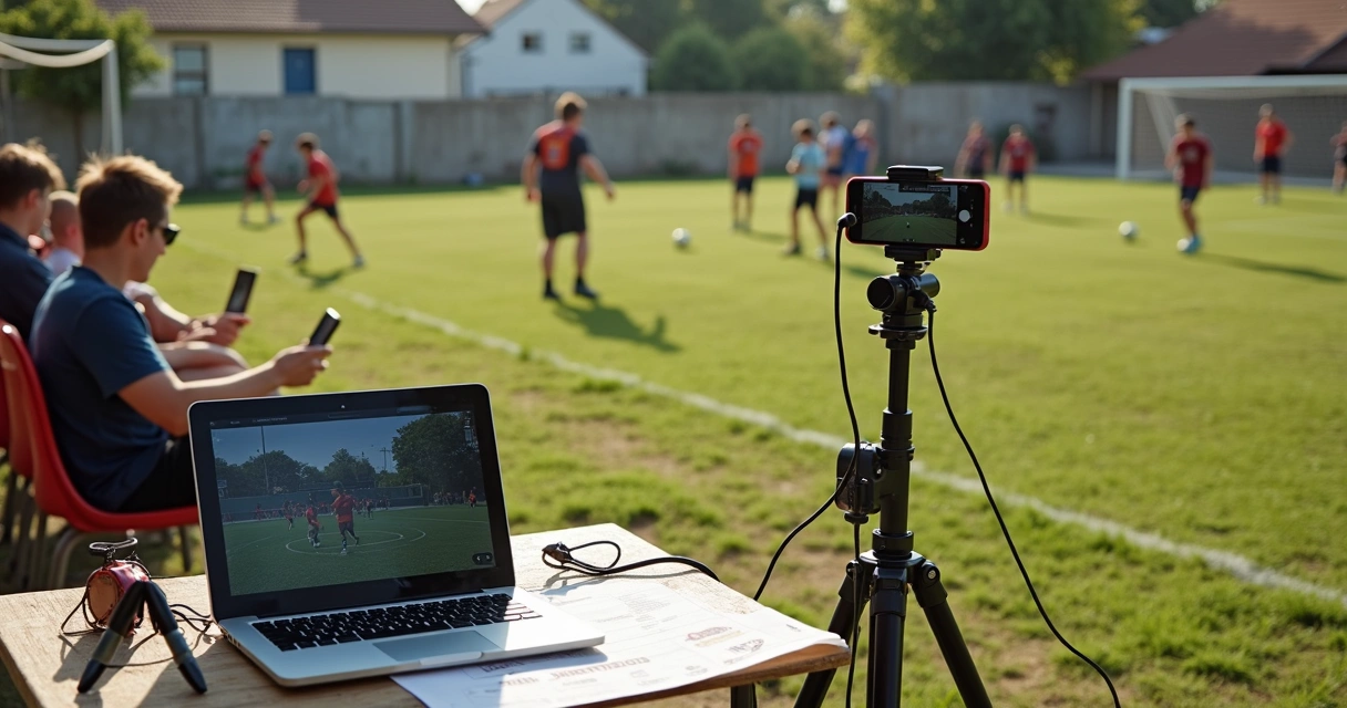 Partida de futebol amador com celulares filmando na lateral do campo 