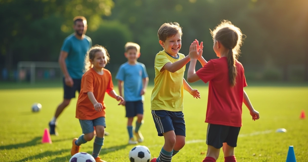 Meninas e meninos sorrindo durante treino de futebol 