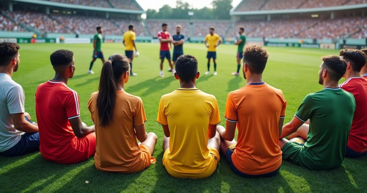 Time de futebol reunido em círculo no meio do campo, em reunião antes do início da partida 