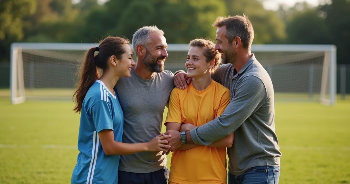 Família apoiando jovem jogador após partida de futebol 