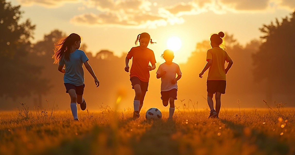 Jovens jogadoras de futebol treinando em campo aberto no pôr do sol 