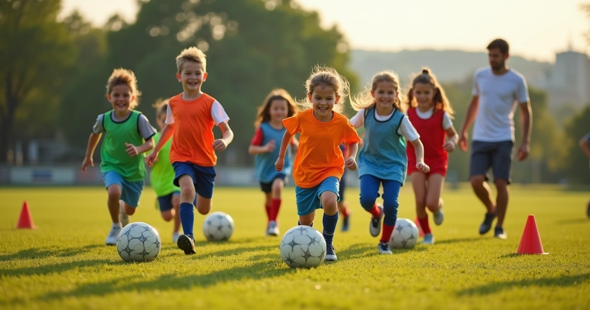 Crianças correndo com bola em campo 