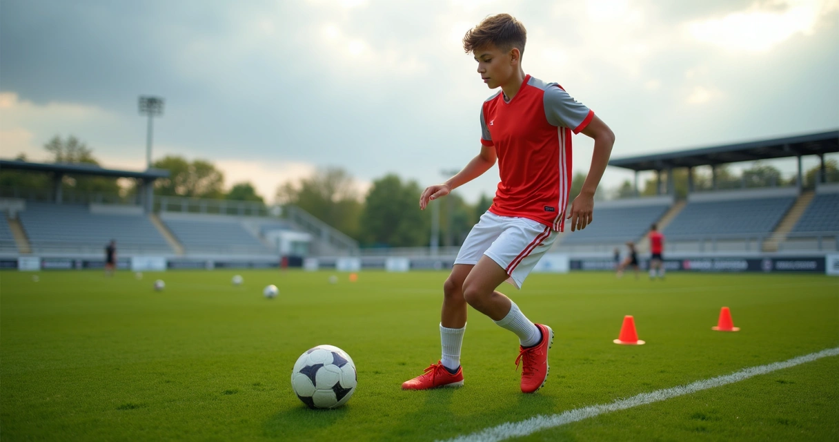 Jovem atleta treinando sozinho com bola em campo gramado 