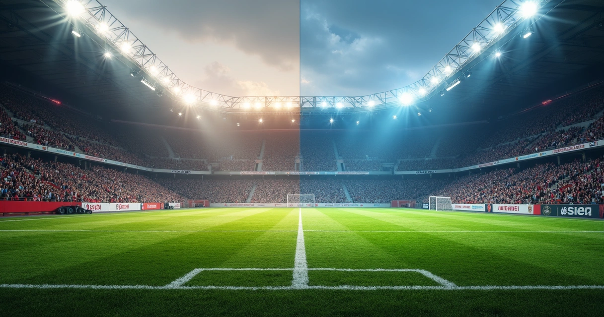 Campo dividido, de um lado futebol raiz, de outro lado futebol moderno, mostrando contraste 