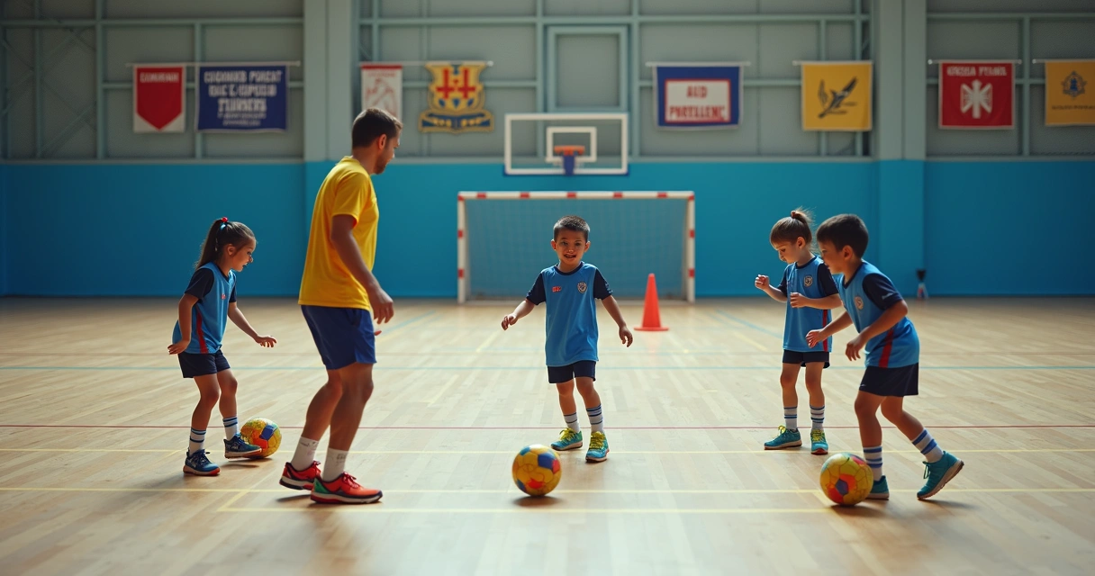 Treinador ensina crianças em treino de futsal durante aula 