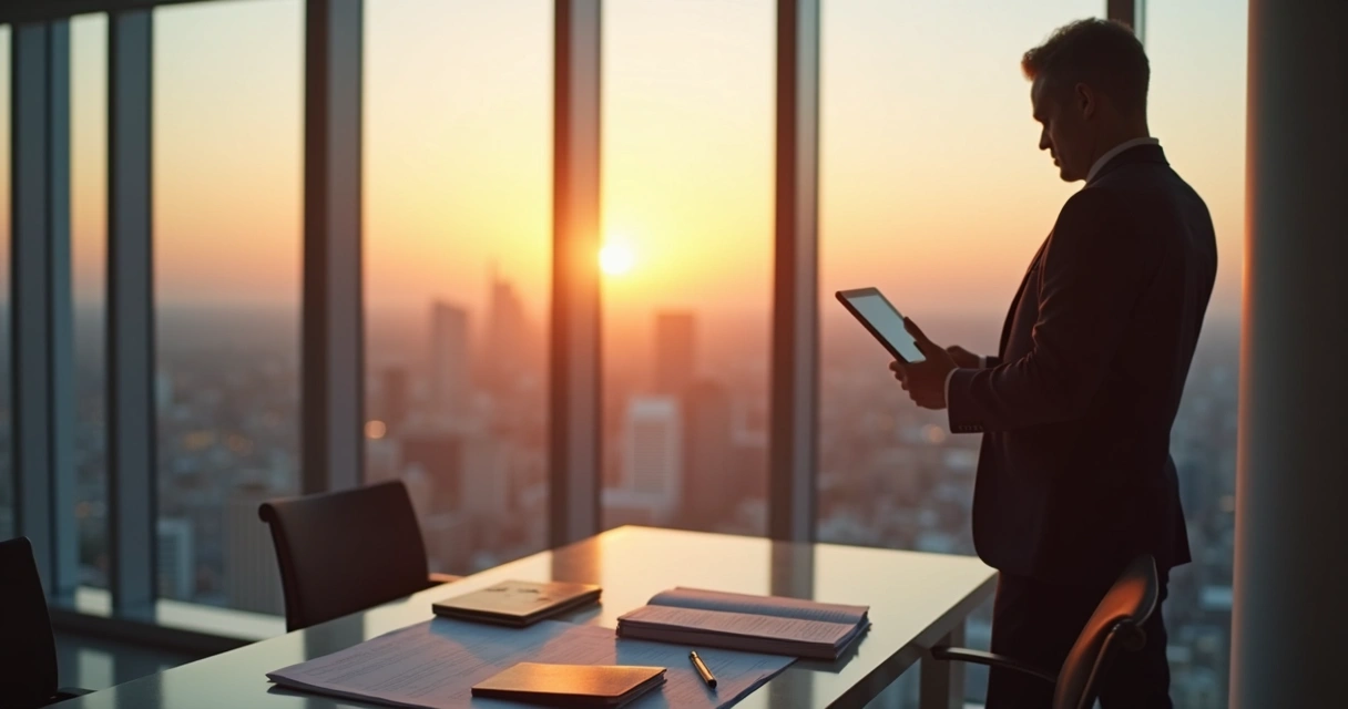 Professional looking at city skyline with career plans