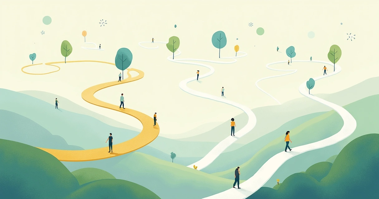 Multiple branching career paths with human figures on them 