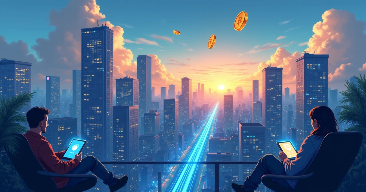 Futuristic city with flowing blockchain connections
