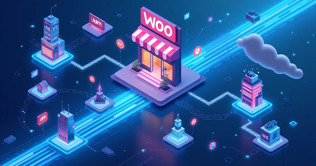 Stylized API network connecting WooCommerce and next-gen platforms, futuristic digital business landscape 