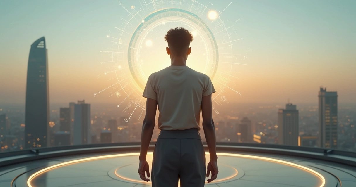 Futuristic leader standing on a platform with interconnected light networks around the head 