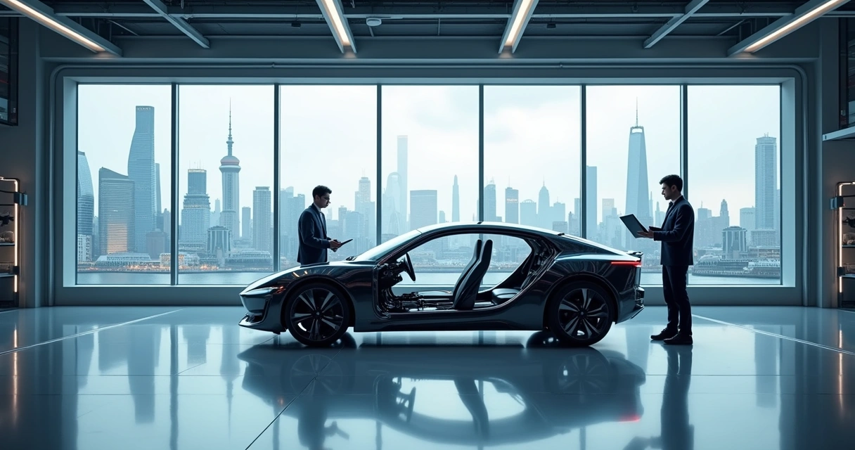 Futuristic electric vehicle factory with European and Chinese teams collaborating