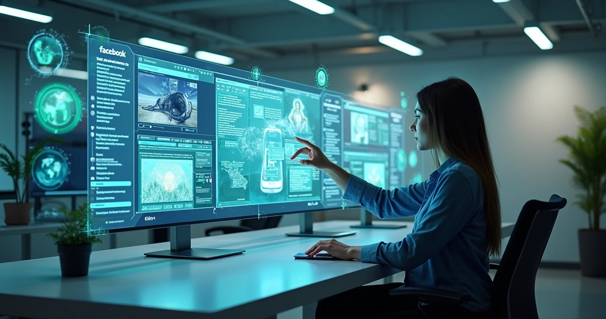 Futuristic workspace with holographic displays creating Facebook ads using AI. 