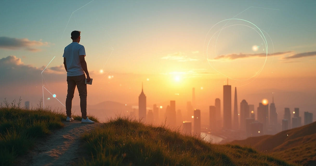 Person standing on a hill at sunrise looking toward a luminous futuristic city skyline 
