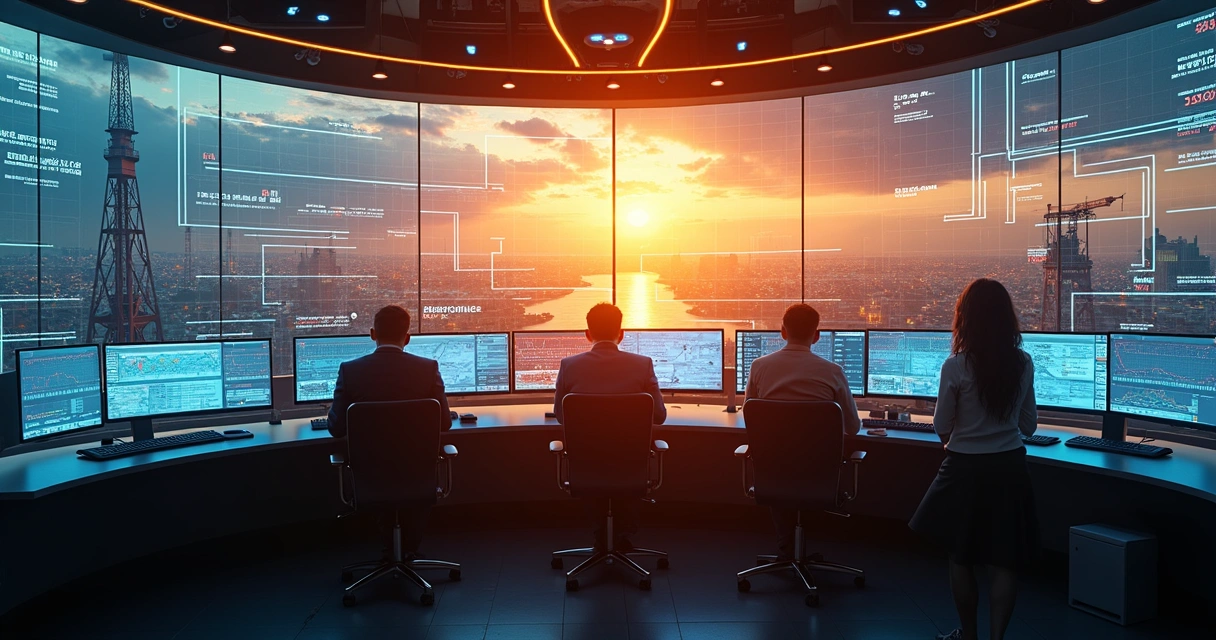 Looking forward futuristic control room with trading screens 
