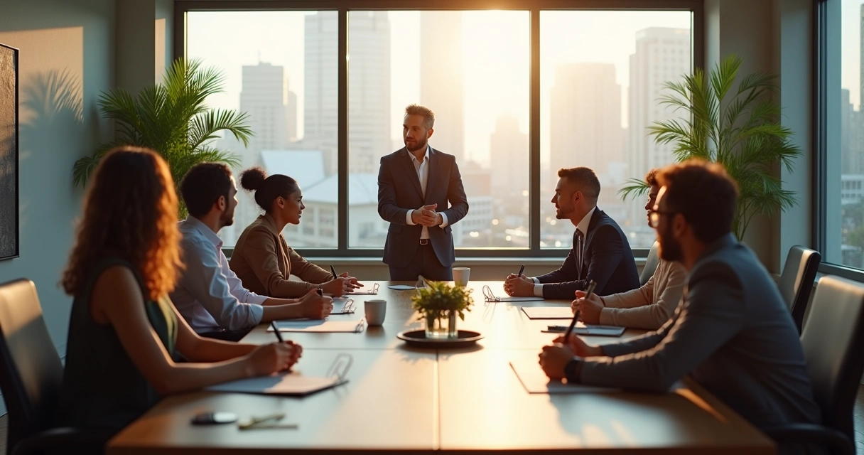 Group of diverse leaders in a modern meeting room, one person presenting, others listening by a large window.