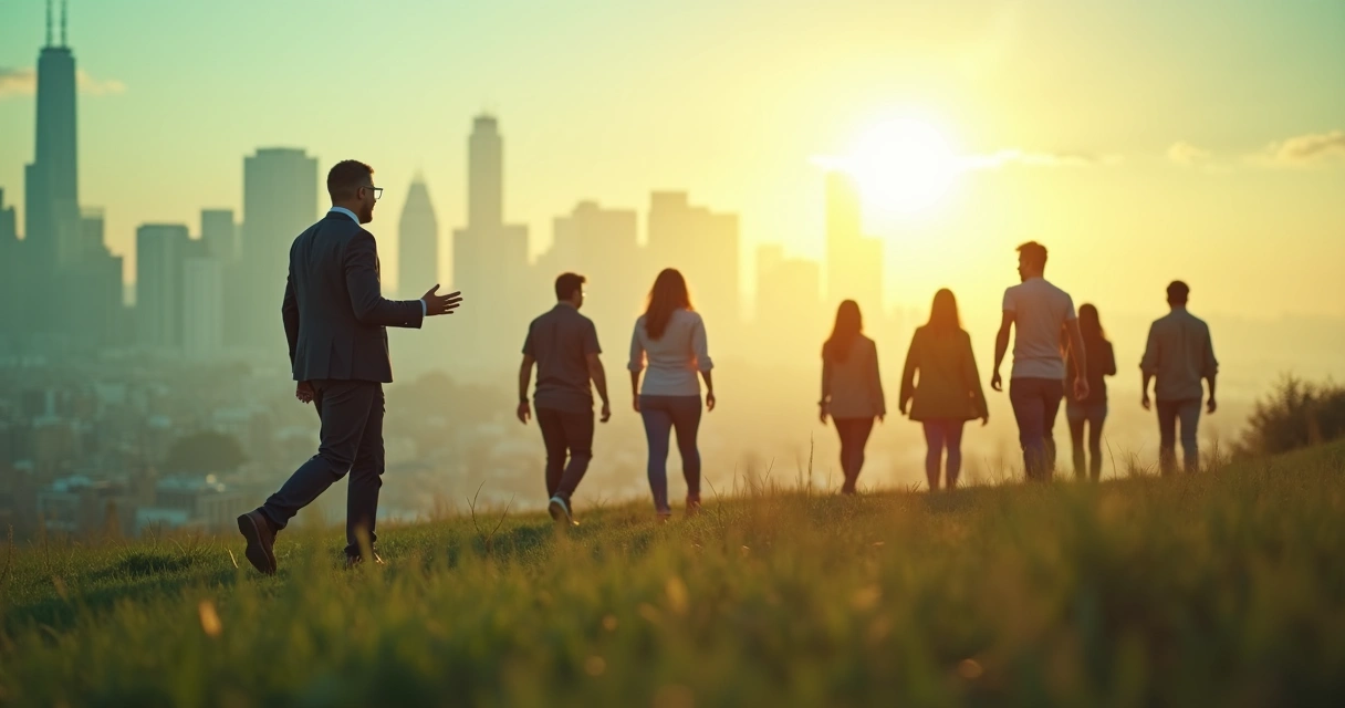 Modern leader guiding diverse team forward in a bright future 