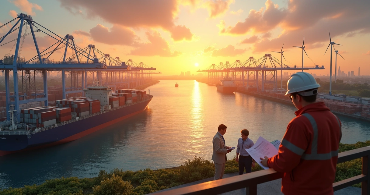 Modern port at sunset with ships, eco-friendly technology, and compliance documents