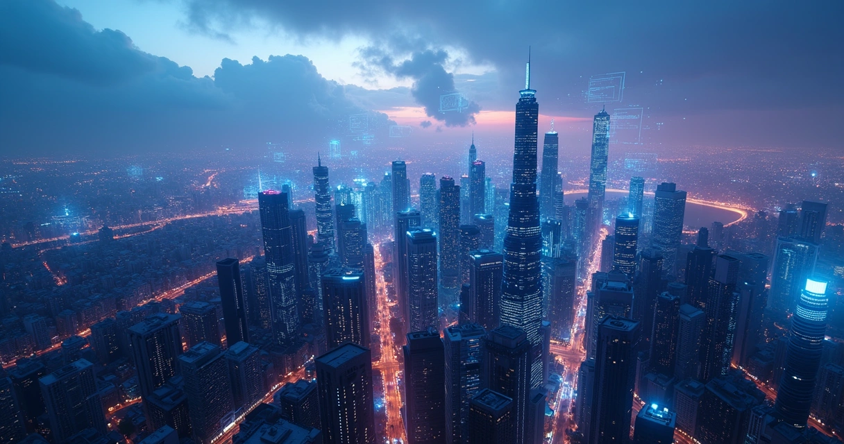 Modern cityscape with digital lines and code overlays representing web future 