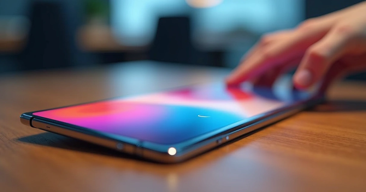 Flexible cellphone screen stretched out on a table 