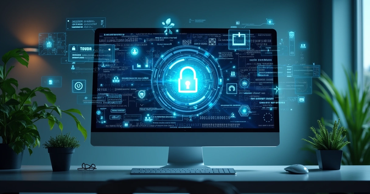 Futuristic workspace emphasizing user privacy with a computer displaying a digital padlock and holographic icons.