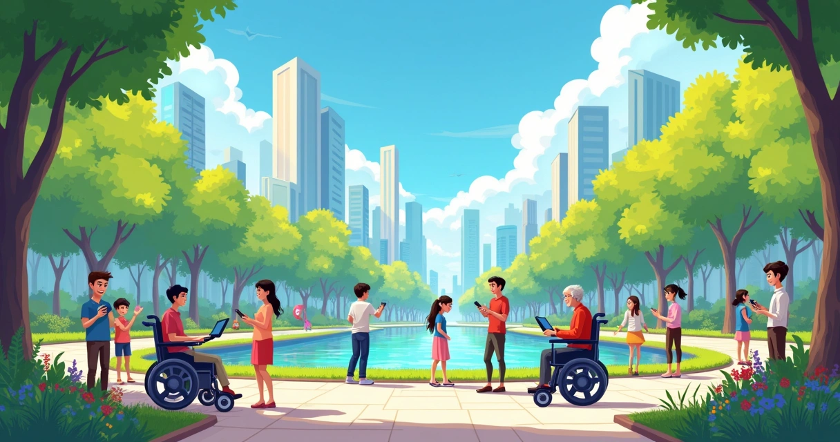 Ilustração de futuro com pessoas diversas usando tecnologia acessível 