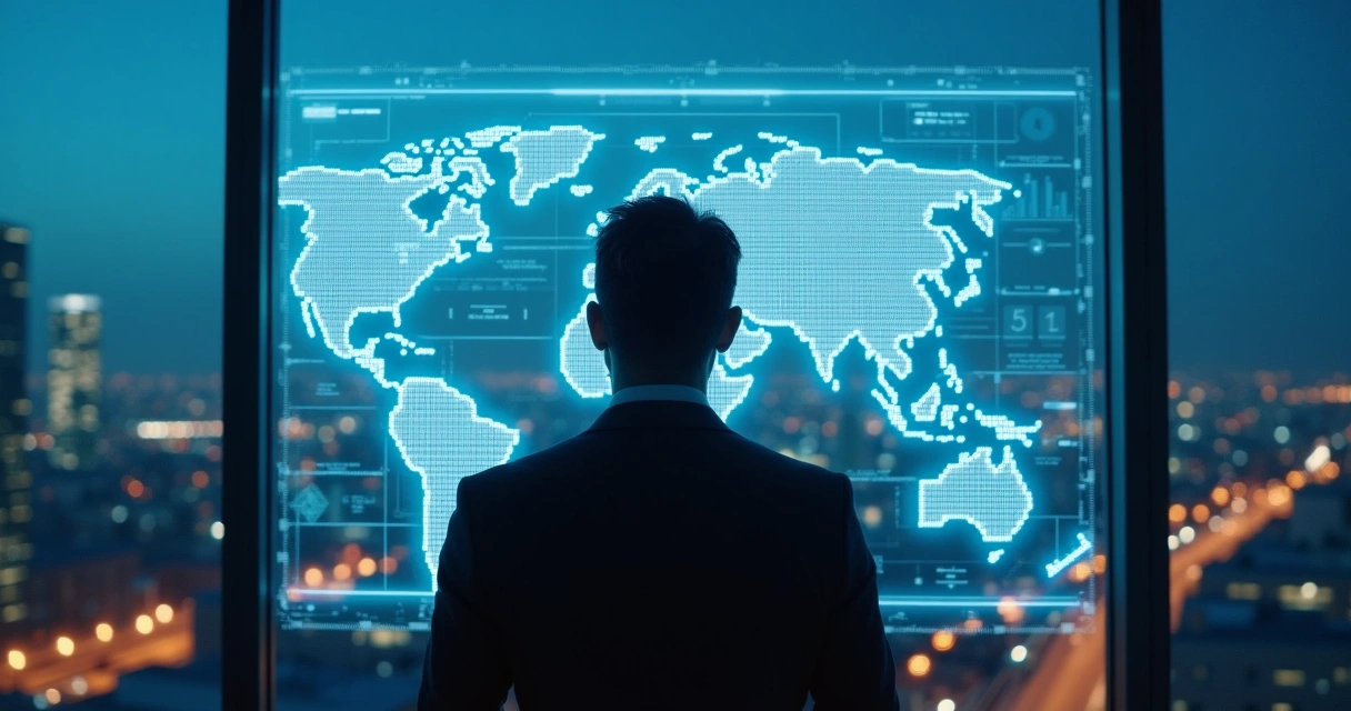 Advogado olhando para tela digital repleta de contratos e cadeias de blockchain 