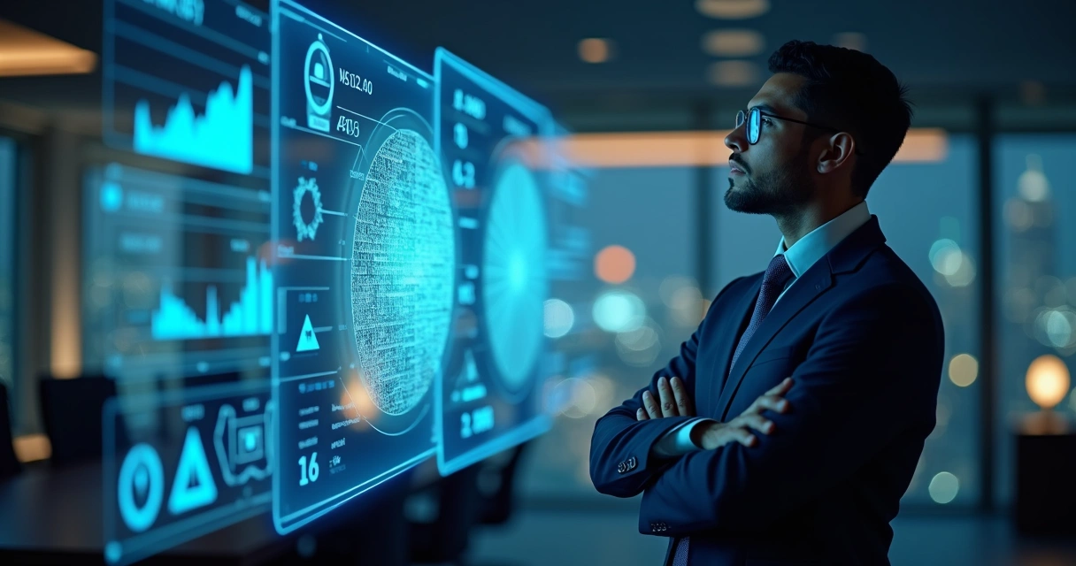 Advogado observando projeção digital de gráficos e dados jurídicos 