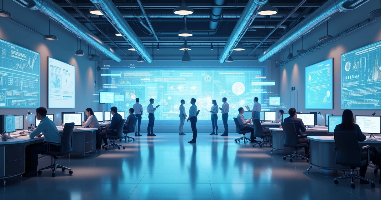 Representação futurista de empresas com agentes de IA integrados. 